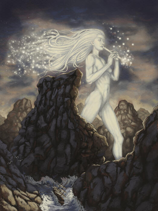 Goddess of Light and Wind Fantasy illustration of a giant goddess made of light playing a flute in a rocky environment by Cédric Godin Olicard.